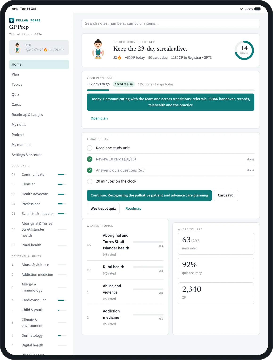 Fellow Forge on an iPad: the Home page with today’s plan, streak and progress