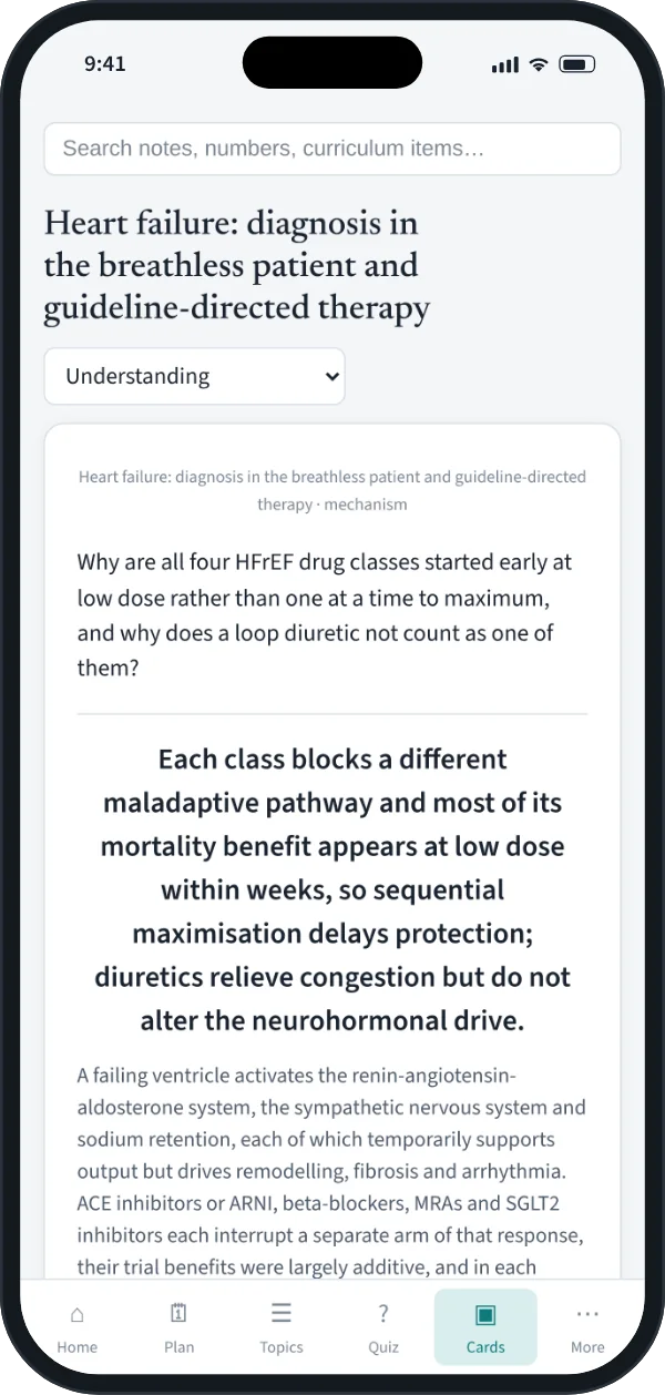 A spaced-repetition card on heart failure, with its answer shown